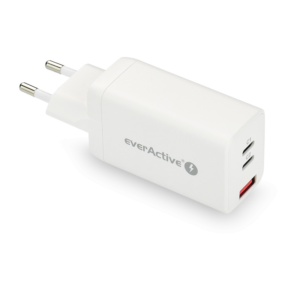 Ładowarka sieciowa everActive GaN SC-650Q z gniazdem USB QC4+ oraz 2x USB-C PD PPS 65W - biała Ładowarka sieciowa everActive GaN SC-650Q z gniazdem USB QC4+ oraz 2x USB-C PD PPS 65W - biała
