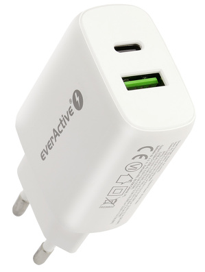 Miniatura produktu: Ładowarka sieciowa everActive SC-370Q z gniazdem USB QC3.0 oraz USB-C PD PPS 25W - biała