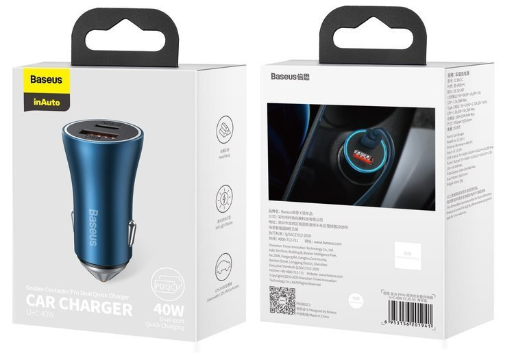 Ładowarka samochodowa Baseus Golden Contactor Pro, USB + USB TYP-C, QC4.0+, PD, SCP, 40W - niebieska (CCJD-03)