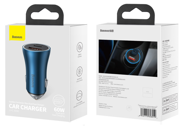 Ładowarka samochodowa Baseus Golden Contactor Max, USB + USB TYP-C, 60W - niebieska (CGJM000103)