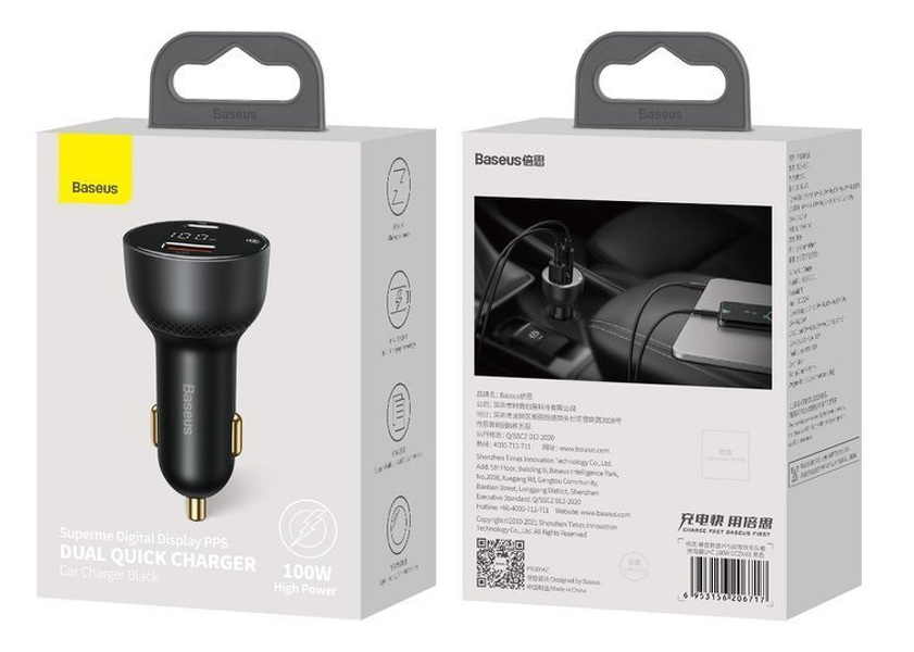 Zdjęcie produktu: Ładowarka samochodowa Baseus Superme USB, USB TYP-C, 100W - czarna (CCZX-01)