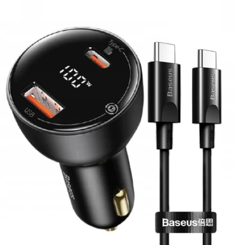 Ładowarka samochodowa Baseus Superme USB, USB TYP-C, 100W + kabel USB TYP-C - czarna (TZCCZX-01)