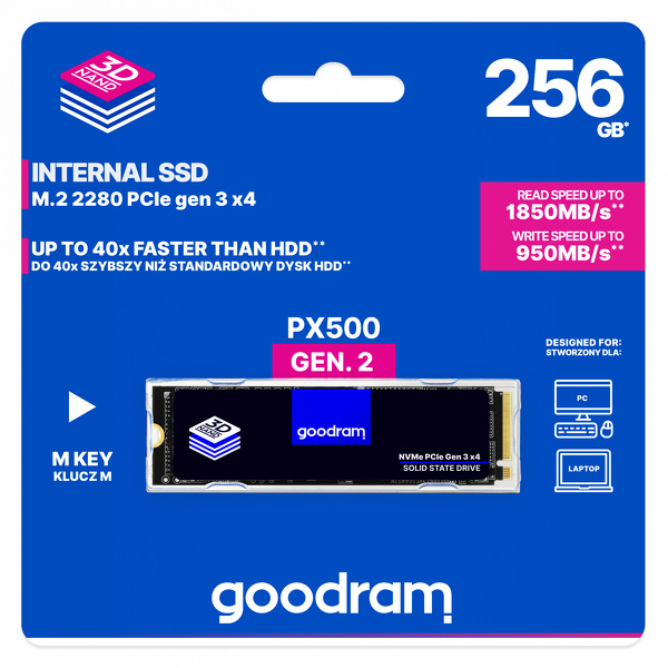 Zdjęcie produktu: Dysk GOODRAM SSD PX500-G2 256GB M.2 PCIe NVMe Gen3 SSDPR-PX500-256-80-G2 Zdjęcie produktu: Dysk GOODRAM SSD PX500-G2 256GB M.2 PCIe NVMe Gen3 SSDPR-PX500-256-80-G2