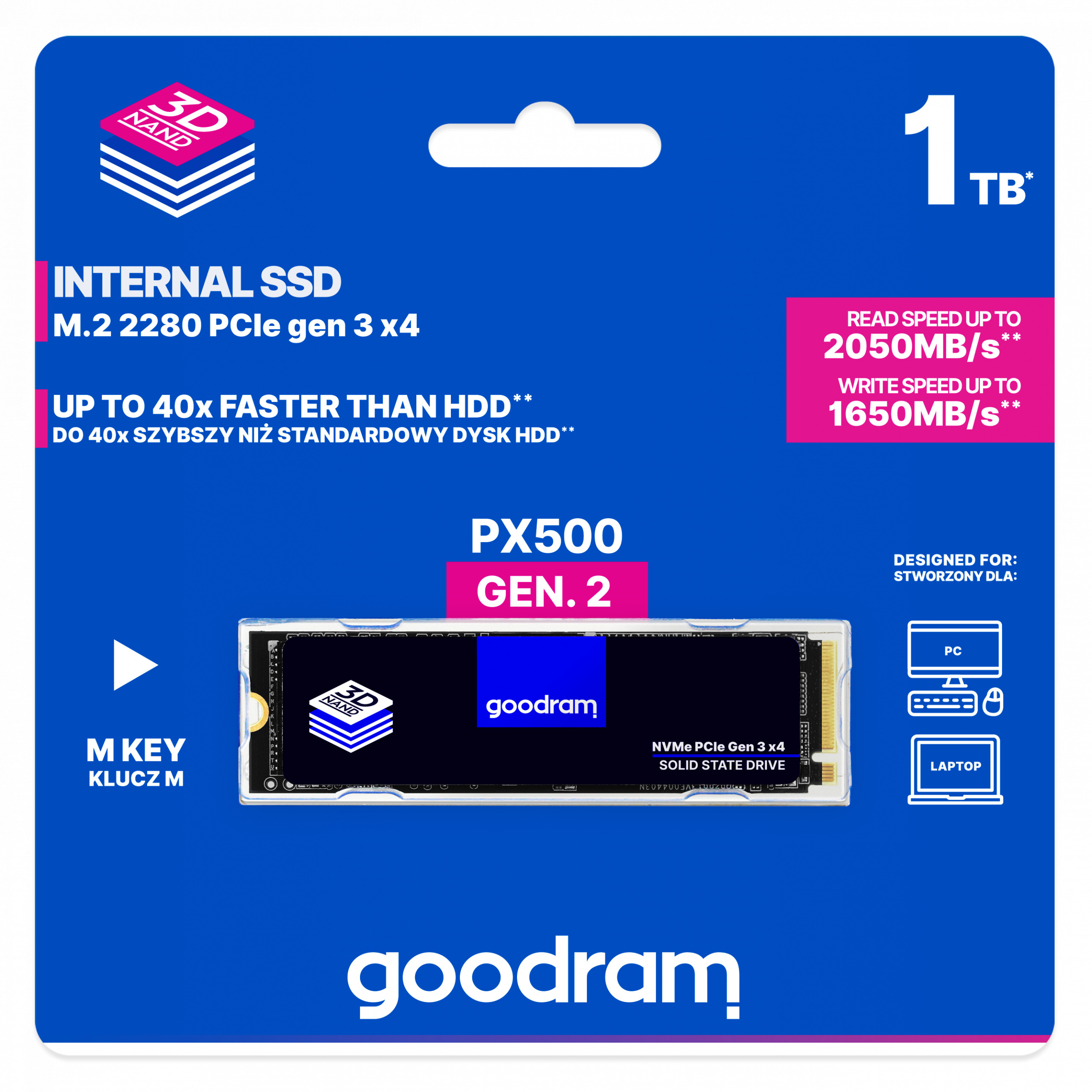 Dysk GOODRAM SSD PX500-G2 1TB M.2 PCIe NVMe Gen3 SSDPR-PX500-01T-80-G2 Dysk GOODRAM SSD PX500-G2 1TB M.2 PCIe NVMe Gen3 SSDPR-PX500-01T-80-G2