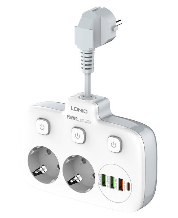 Listwa zasilająca z 2 gniazdami AC, 3x USB, USB-C, LDNIO SE2435, 2500W (biała)