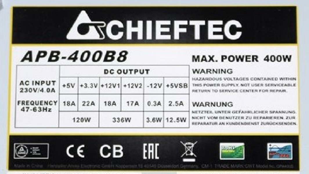 Zdjęcie produktu: Zasilacz Chieftec Value APB-400B8 Bulk 400W Zdjęcie produktu: Zasilacz Chieftec Value APB-400B8 Bulk 400W