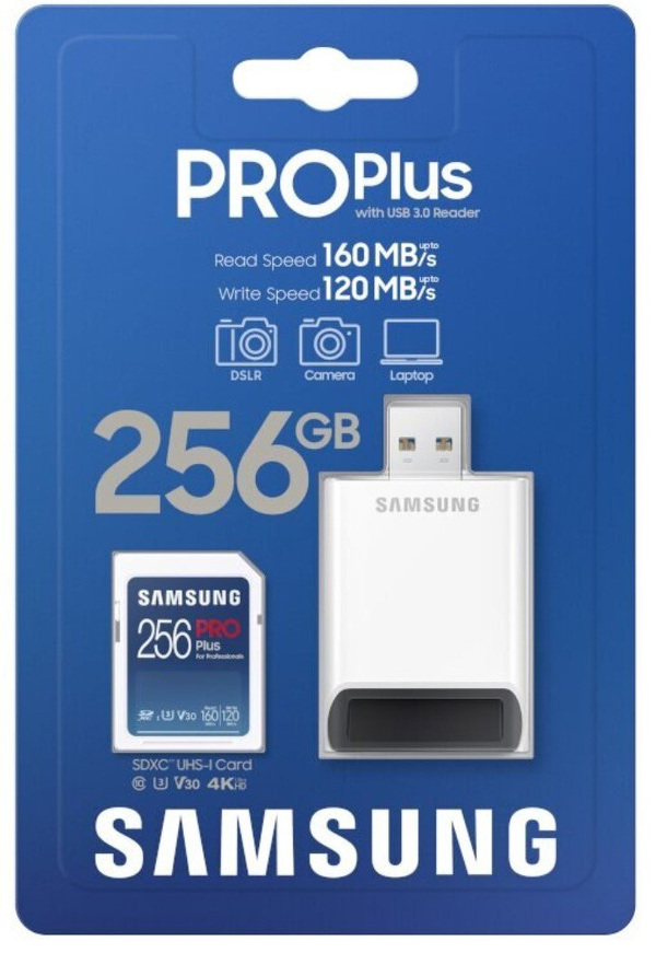 Zdjęcie produktu: Karta Samsung Pro Plus SDXC 256GB 160/120 MB/s A2 Class 10 z czytnikiem (MB-MC256KA/EU)