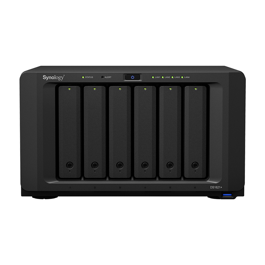 Serwer plików Synology DS1621+ 6-bay, SATA 6G, AMD Ryzen V1500B 4-rdzeniowy 2.2GHz, 16G RAM(ZAM), 2x NVMe, 4xGbE LAN, 3x USB 3.0, 2x eSATA, 1x PCIe Gen3 x8 (łącze x4)
