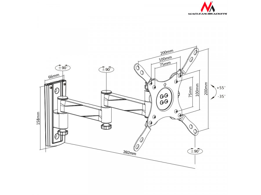 Uchwyt do telewizora Maclean, max VESA 200x200, zabezpieczenie zmiany położenia, 13-42", do 20kg, czarny, MC-675