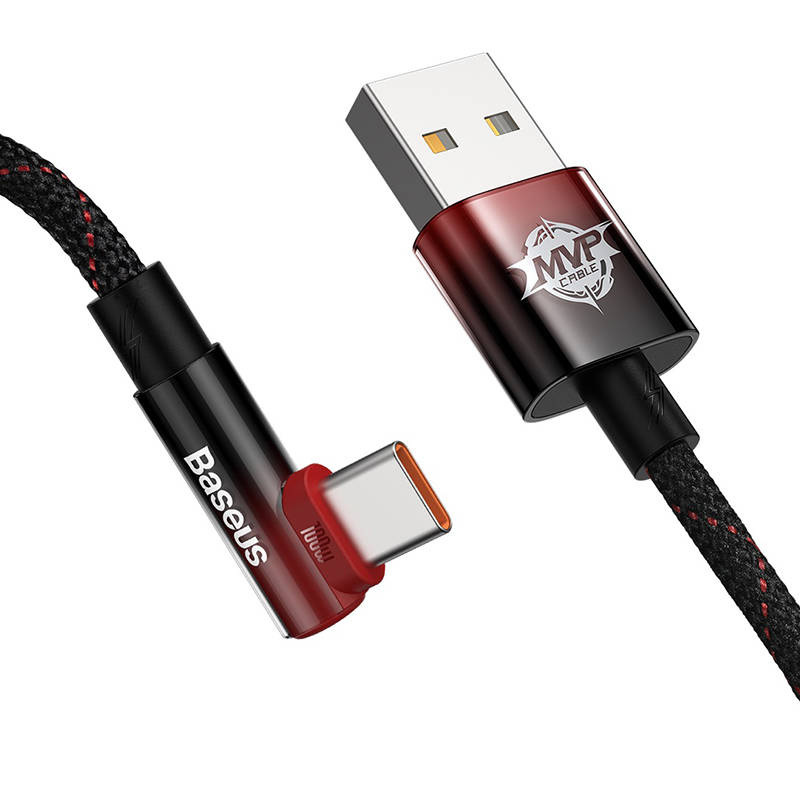 Kabel przewód USB Typ-C kątowy 100cm Baseus Elbow, 100W, szybkie ładowanie - czarno-czerwony (CAVP000420)