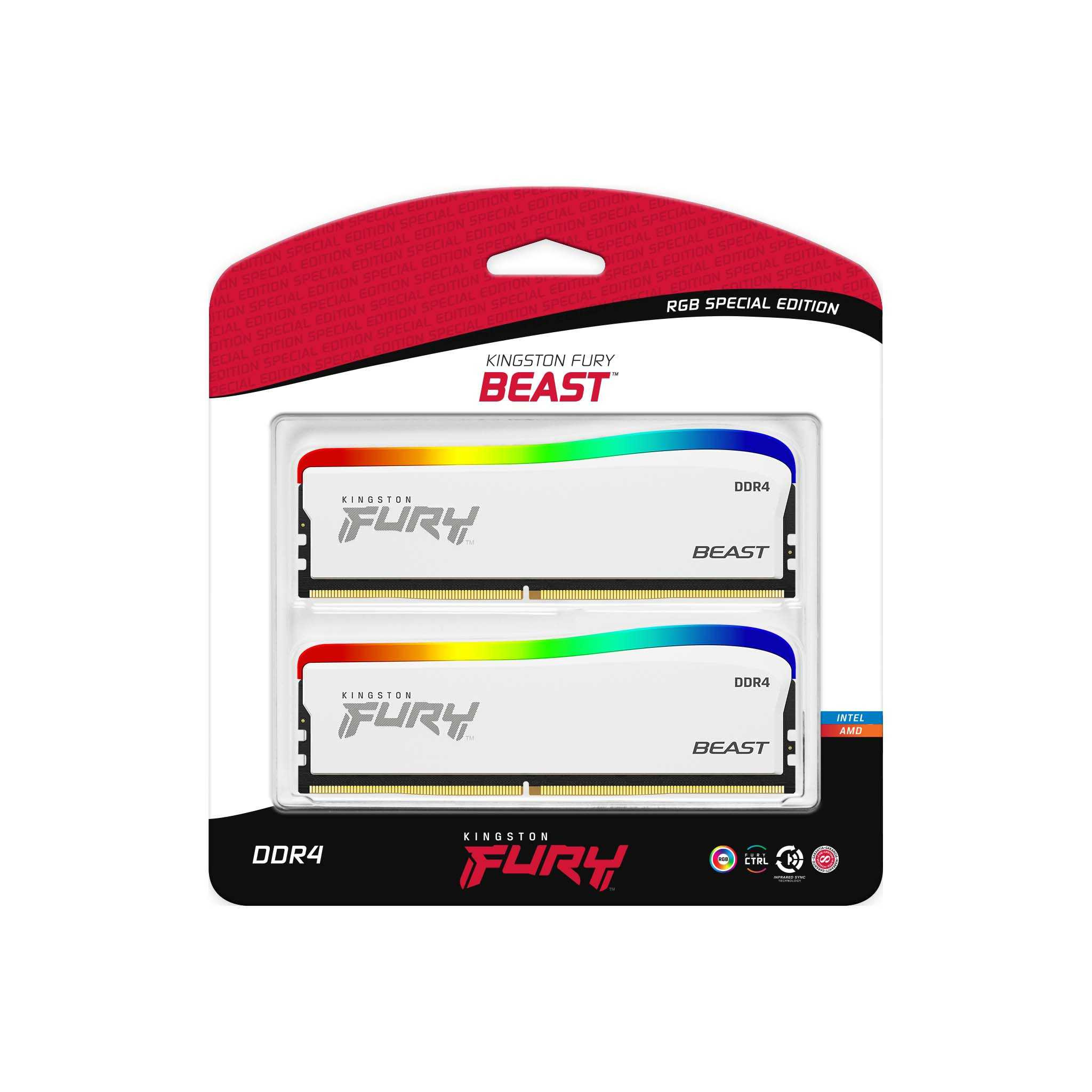 Pamięć Kingston FURY Beast White RGB 16GB (2x8GB) DDR4-3200 Non-ECC CL16 KF432C16BWAK2/16 Pamięć Kingston FURY Beast White RGB 16GB (2x8GB) DDR4-3200 Non-ECC CL16 KF432C16BWAK2/16