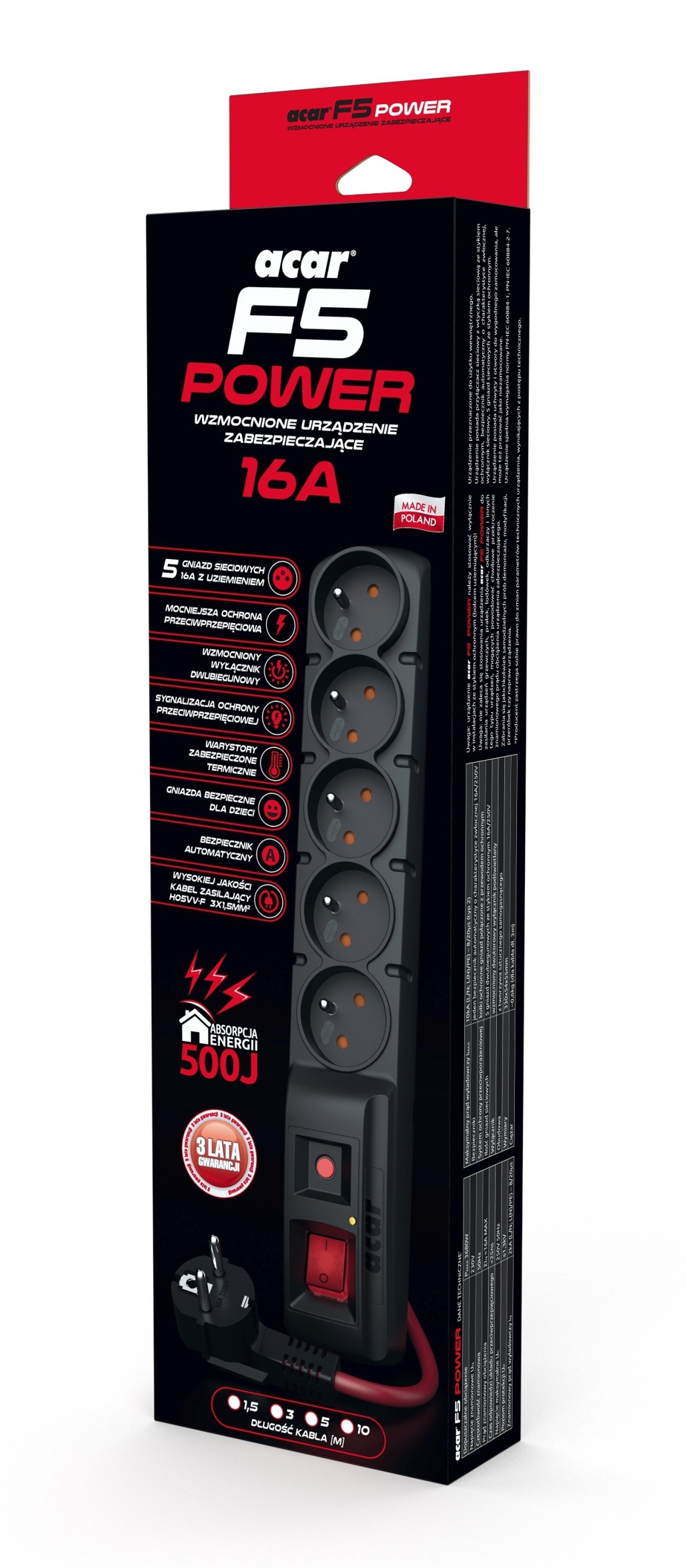 Listwa zasilająca ACAR F5 POWER 5 gniazd PL 230V PL 16A 1,5m czarna