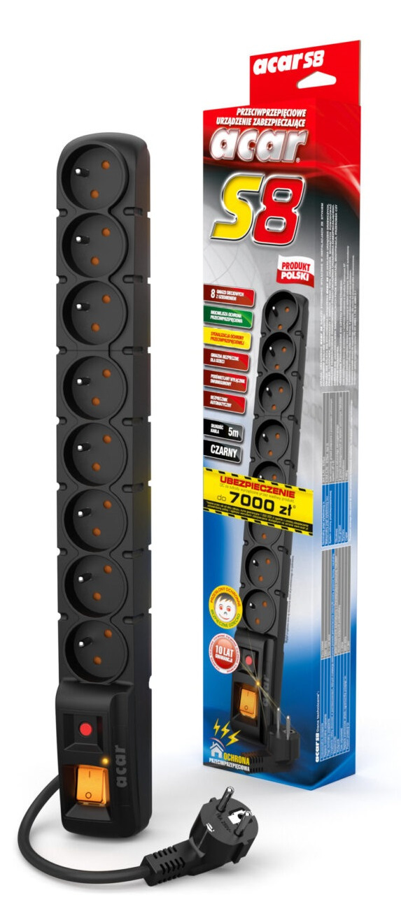 Listwa zasilająca ACAR S8 8 gniazd PL 230V PL 3m czarna
