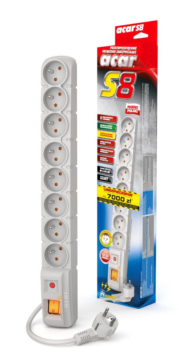 Zdjęcie produktu: Listwa zasilająca ACAR S8 8 gniazd PL 230V PL 3m szara Zdjęcie produktu: Listwa zasilająca ACAR S8 8 gniazd PL 230V PL 3m szara