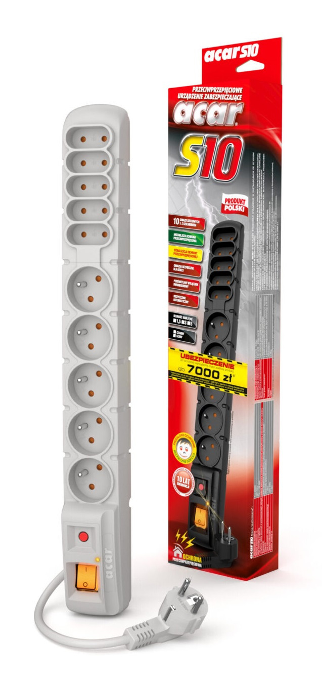 ACAR S10 5 gniazd PL + 5 europlug 3m szara