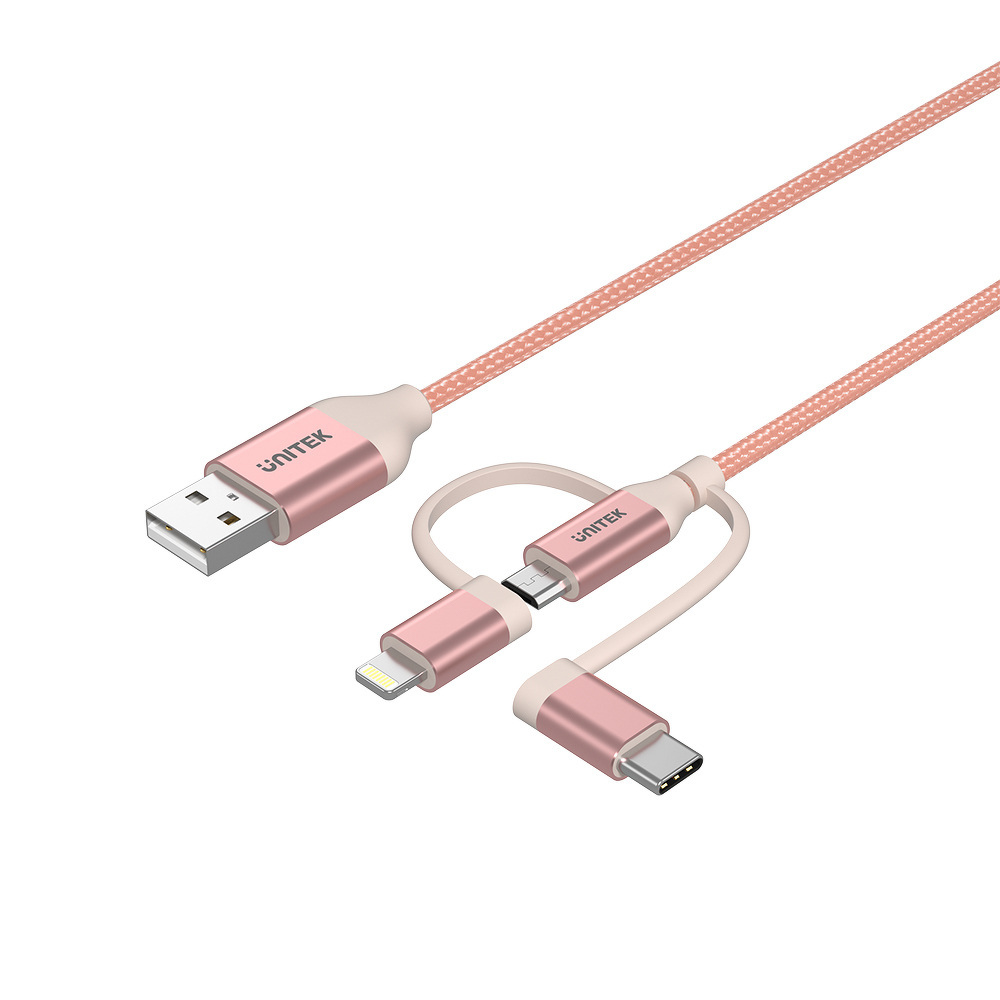 Kabel przewód USB Unitek 3w1 Lightning / USB TYP-C / microUSB 100cm różowy (Y-C4036ARG) Kabel przewód USB Unitek 3w1 Lightning / USB TYP-C / microUSB 100cm różowy (Y-C4036ARG)