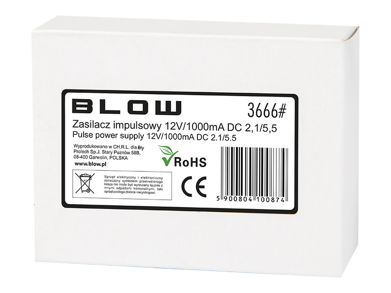 Zdjęcie produktu: Blow 3666 Zasilacz impulsowy  12 V 1000 mA 2,1/5,5
