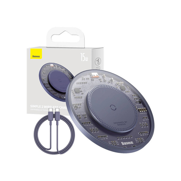 Zdjęcie produktu: Bezprzewodowa ładowarka indukcyjna Baseus Simple 2, 15W z kablem USB TYP-C do USB TYP-C - fioletowa (CCJJ050005)