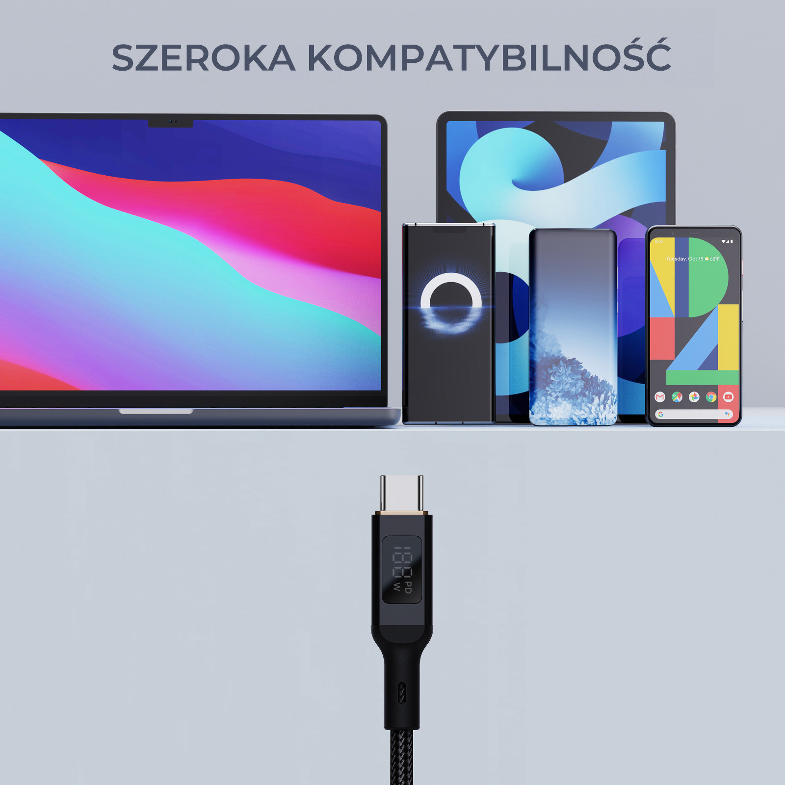 Kabel przewód USB Typ-C do TYP-C 180cm Aukey PD 100W, LED (CB-MCC102 BK)