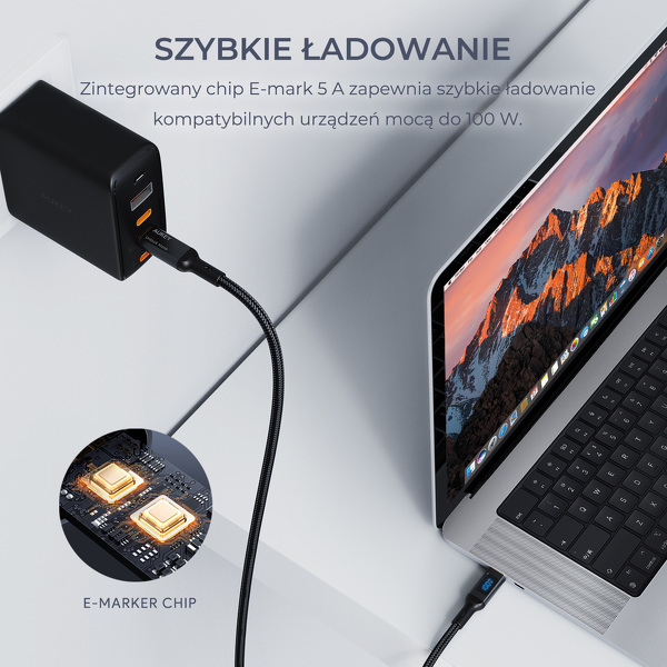 Zdjęcie produktu: Kabel przewód USB Typ-C do TYP-C 180cm Aukey PD 100W, LED (CB-MCC102 BK)