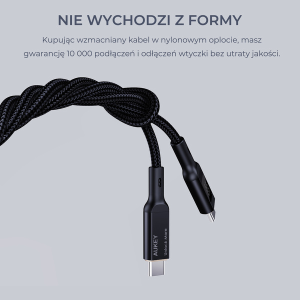 Zdjęcie produktu: Kabel przewód USB Typ-C do TYP-C 180cm Aukey PD 100W, LED (CB-MCC102 BK)