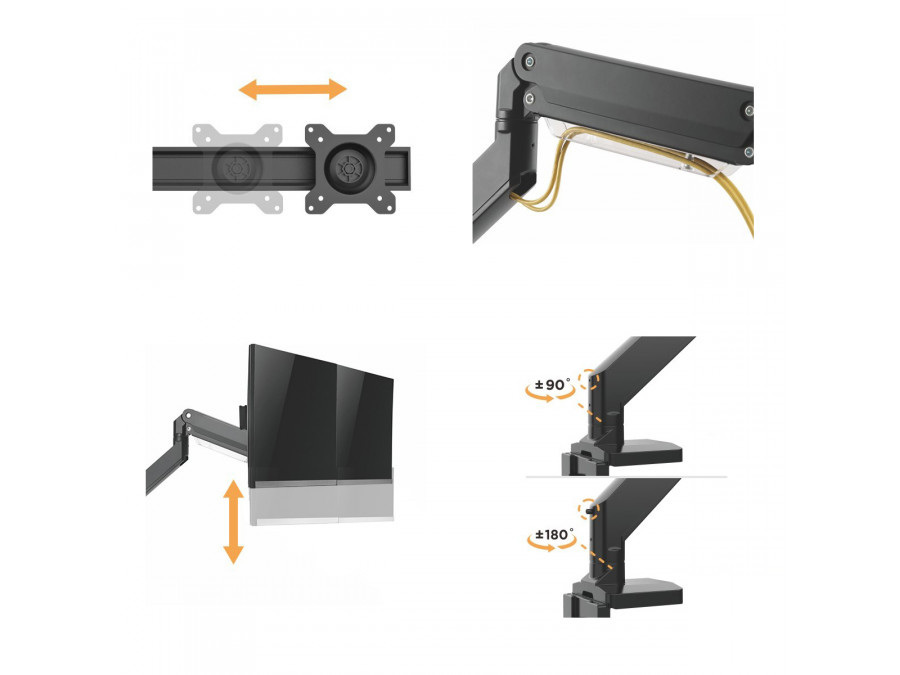 Uchwyt biurkowy gamingowy na 2 monitory NanoRS, aluminiowy, sprężyna gazowa, 17-32", 2x8kg, VESA 75x75 oraz 100x100, RS115
