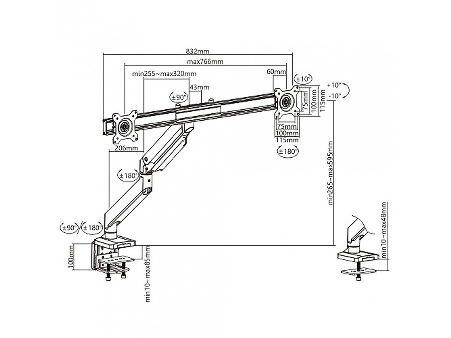 Uchwyt biurkowy gamingowy na 2 monitory NanoRS, aluminiowy, sprężyna gazowa, 17-32", 2x8kg, VESA 75x75 oraz 100x100, RS115