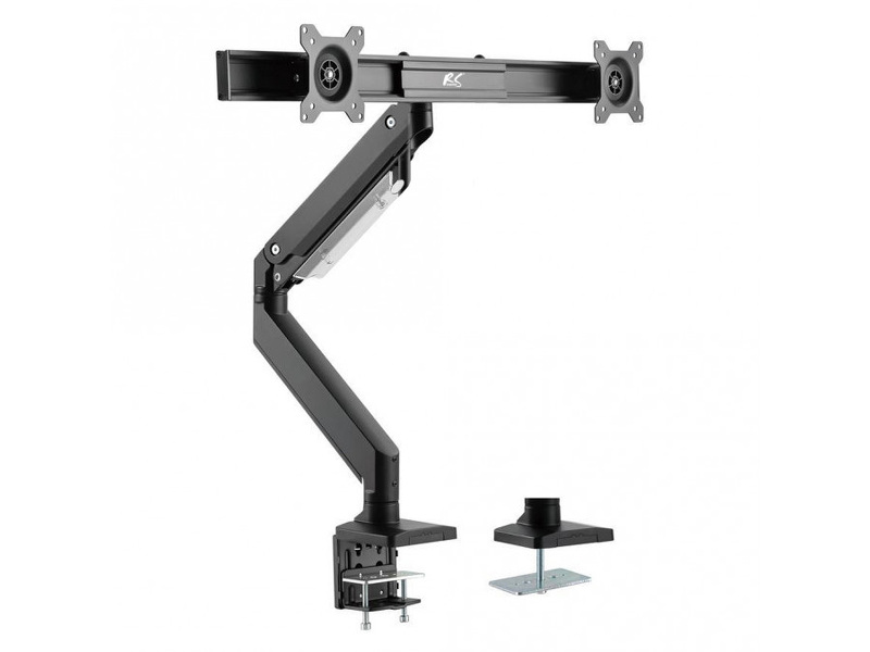 Zdjęcie produktu: Uchwyt biurkowy gamingowy na 2 monitory NanoRS, aluminiowy, sprężyna gazowa, 17-32", 2x8kg, VESA 75x75 oraz 100x100, RS115
