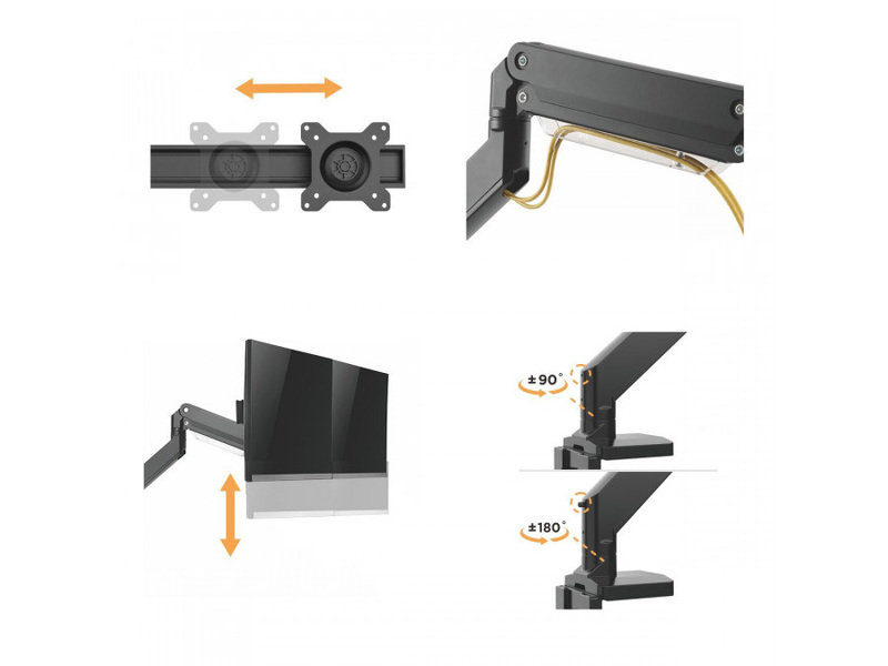 Zdjęcie produktu: Uchwyt biurkowy gamingowy na 2 monitory NanoRS, aluminiowy, sprężyna gazowa, 17-32", 2x8kg, VESA 75x75 oraz 100x100, RS115
