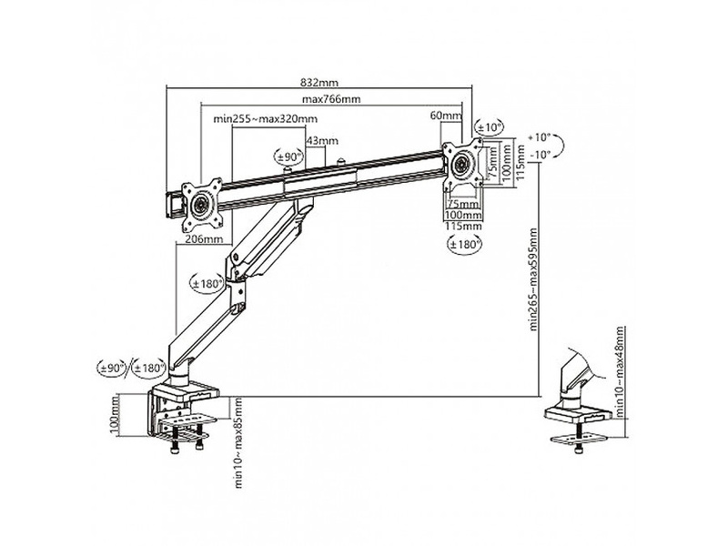 Zdjęcie produktu: Uchwyt biurkowy gamingowy na 2 monitory NanoRS, aluminiowy, sprężyna gazowa, 17-32", 2x8kg, VESA 75x75 oraz 100x100, RS115