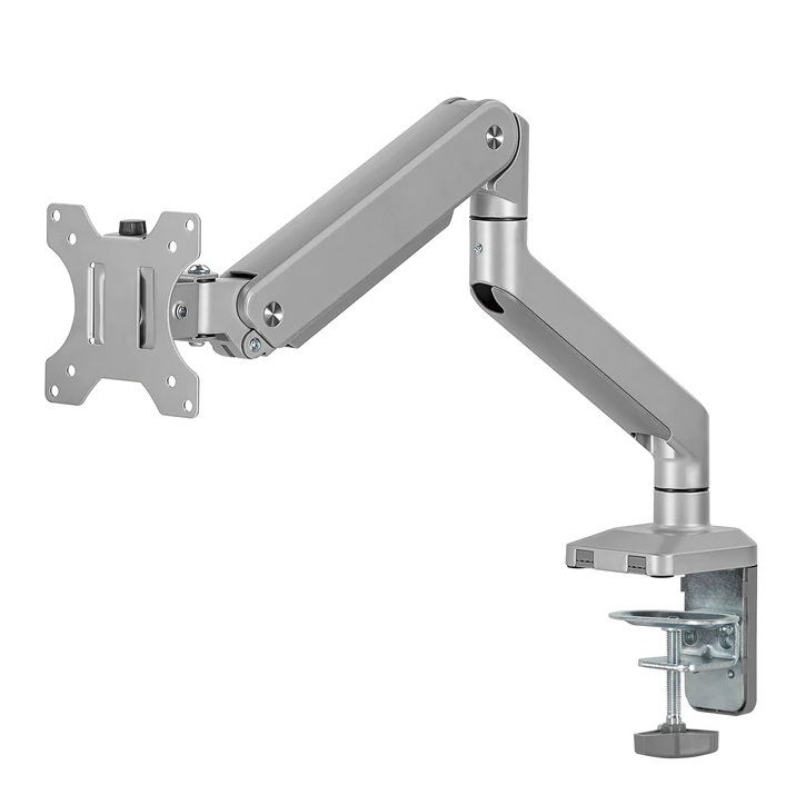 Uchwyt do monitora aluminiowy ze sprężyną gazową Ergo Office, podwójne ramię, vesa 75x75/100x100, 17"-32" 10 kg srebrny, ER-447 Uchwyt do monitora aluminiowy ze sprężyną gazową Ergo Office, podwójne ramię, vesa 75x75/100x100, 17"-32" 10 kg srebrny, ER-447