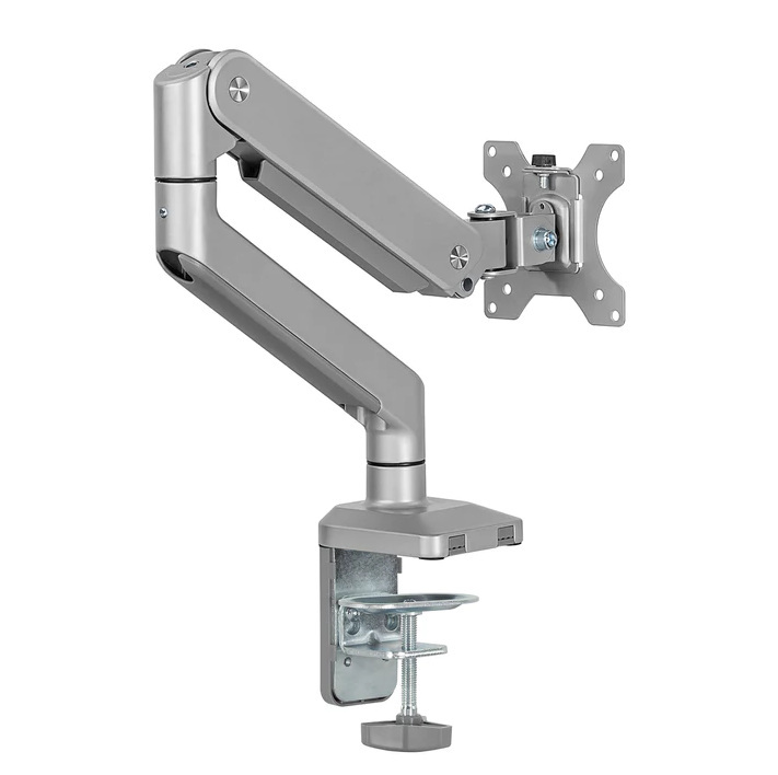 Uchwyt do monitora aluminiowy ze sprężyną gazową Ergo Office, podwójne ramię, vesa 75x75/100x100, 17"-32" 10 kg srebrny, ER-447 Uchwyt do monitora aluminiowy ze sprężyną gazową Ergo Office, podwójne ramię, vesa 75x75/100x100, 17"-32" 10 kg srebrny, ER-447