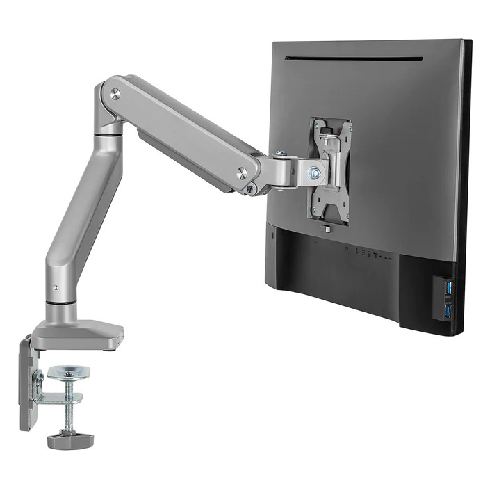 Uchwyt do monitora aluminiowy ze sprężyną gazową Ergo Office, podwójne ramię, vesa 75x75/100x100, 17"-32" 10 kg srebrny, ER-447 Uchwyt do monitora aluminiowy ze sprężyną gazową Ergo Office, podwójne ramię, vesa 75x75/100x100, 17"-32" 10 kg srebrny, ER-447