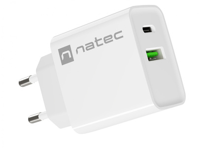 Miniatura produktu: Ładowarka sieciowa Natec Ribera 1x USB-A + 1x USB TYP-C 20W - biała (NUC-2061)