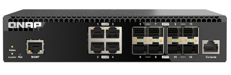 Miniatura produktu: Qnap QSW-M3212R-8S4T 12-portowy przełącznik 8x 10GbE SFP+, 4x 10GbE RJ45, 1 x 1GbE do zarządzania