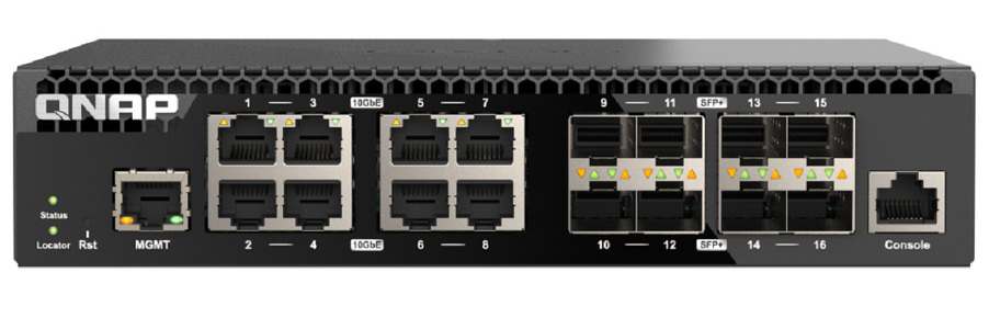 Miniatura produktu: Qnap QSW-M3216R-8S8T 16-portowy przełącznik 8x 10GbE SFP+, 8x 10GbE RJ45, 1 x 1GbE do zarządzania