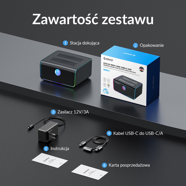 Zdjęcie produktu: Stacja dokująca na 2 x dysk 2,5"/3,5" HDD/SSD ORICO USB TYP-C 10Gbps (8828C3-EU-BK-BP) Zdjęcie produktu: Stacja dokująca na 2 x dysk 2,5"/3,5" HDD/SSD ORICO USB TYP-C 10Gbps (8828C3-EU-BK-BP)