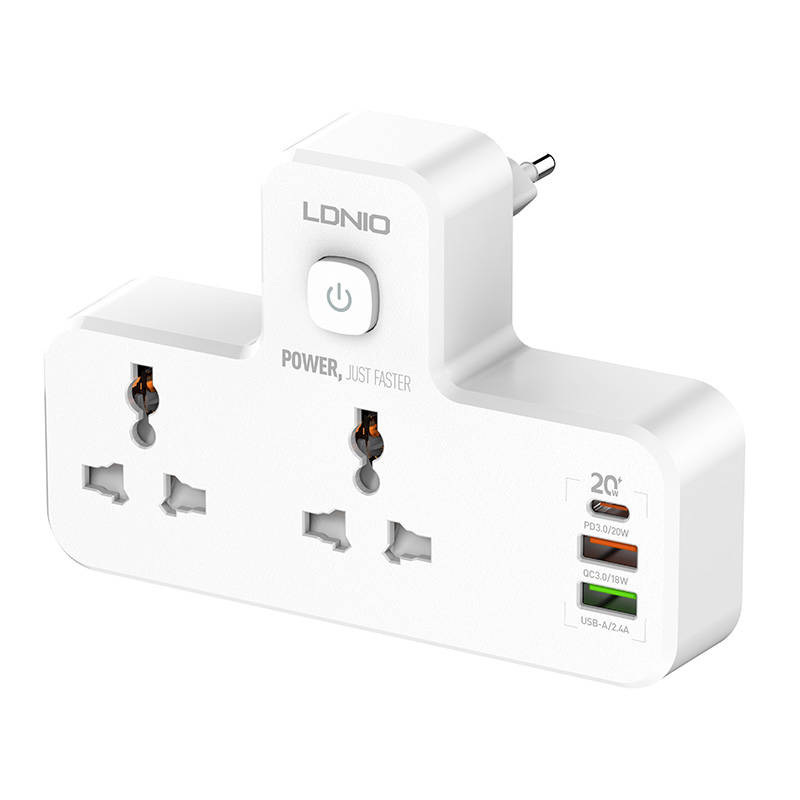 Listwa zasilająca LDNIO SC2311 z 2 gniazdami AC, 2USB, USB-C, 2500W z lampką nocną, EU/US (biała)