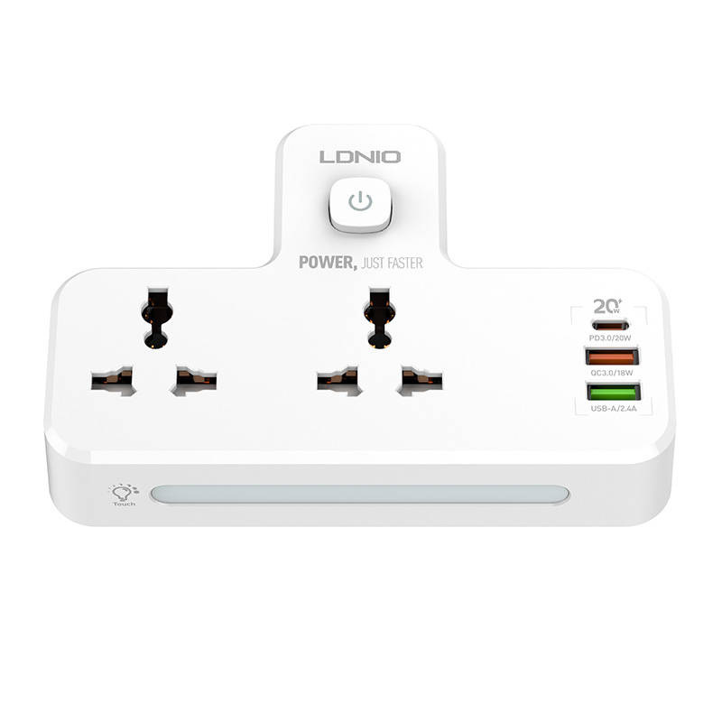 Listwa zasilająca LDNIO SC2311 z 2 gniazdami AC, 2USB, USB-C, 2500W z lampką nocną, EU/US (biała)