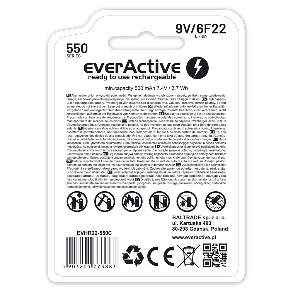everActive 6F22/9V Li-ion 550mAh EVHR22-550C