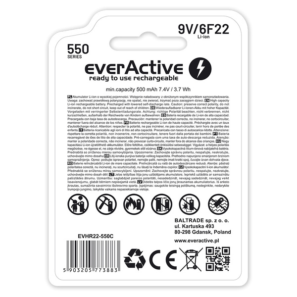 Zdjęcie produktu: everActive 6F22/9V Li-ion 550mAh EVHR22-550C