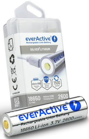 Miniatura produktu: Akumulator everActive 18650 3,7V Li-ion 2600mAh micro USB z zabezpieczeniem BOX