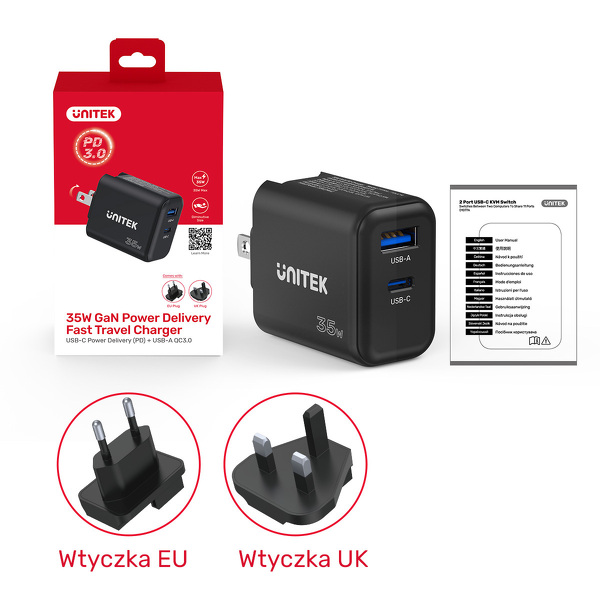 Zdjęcie produktu: Ładowarka sieciowa Unitek GaN PD 35W USB TYP-C + USB-A - czarna (P1119A) Zdjęcie produktu: Ładowarka sieciowa Unitek GaN PD 35W USB TYP-C + USB-A - czarna (P1119A)