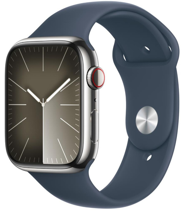 Zdjęcie produktu: Apple Watch 9 45 mm GPS + Cellular stal nierdzewna w kolorze srebrnym z paskiem sportowym w kolorze sztormowego błękitu Zdjęcie produktu: Apple Watch 9 45 mm GPS + Cellular stal nierdzewna w kolorze srebrnym z paskiem sportowym w kolorze sztormowego błękitu