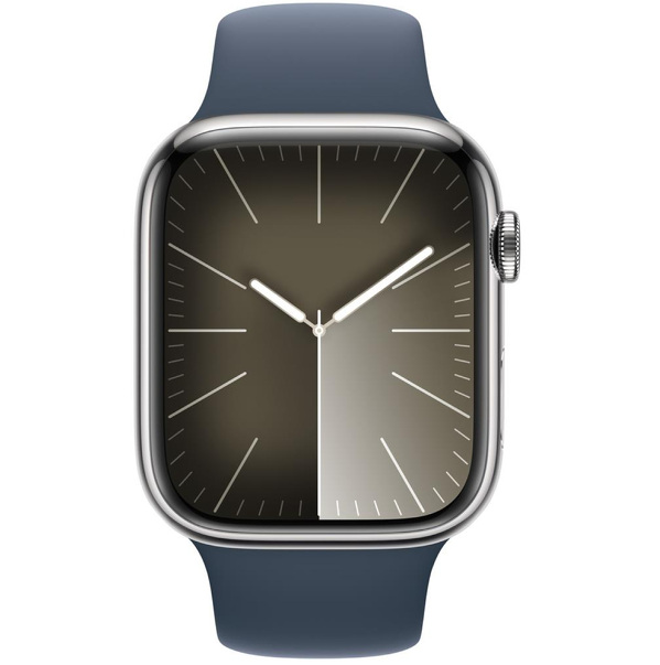 Zdjęcie produktu: Apple Watch 9 45 mm GPS + Cellular stal nierdzewna w kolorze srebrnym z paskiem sportowym w kolorze sztormowego błękitu Zdjęcie produktu: Apple Watch 9 45 mm GPS + Cellular stal nierdzewna w kolorze srebrnym z paskiem sportowym w kolorze sztormowego błękitu