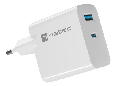 Miniatura produktu: Ładowarka sieciowa Natec Ribera GaN 1x USB-A + 1x USB TYP-C 45W - biała (NUC-2142)