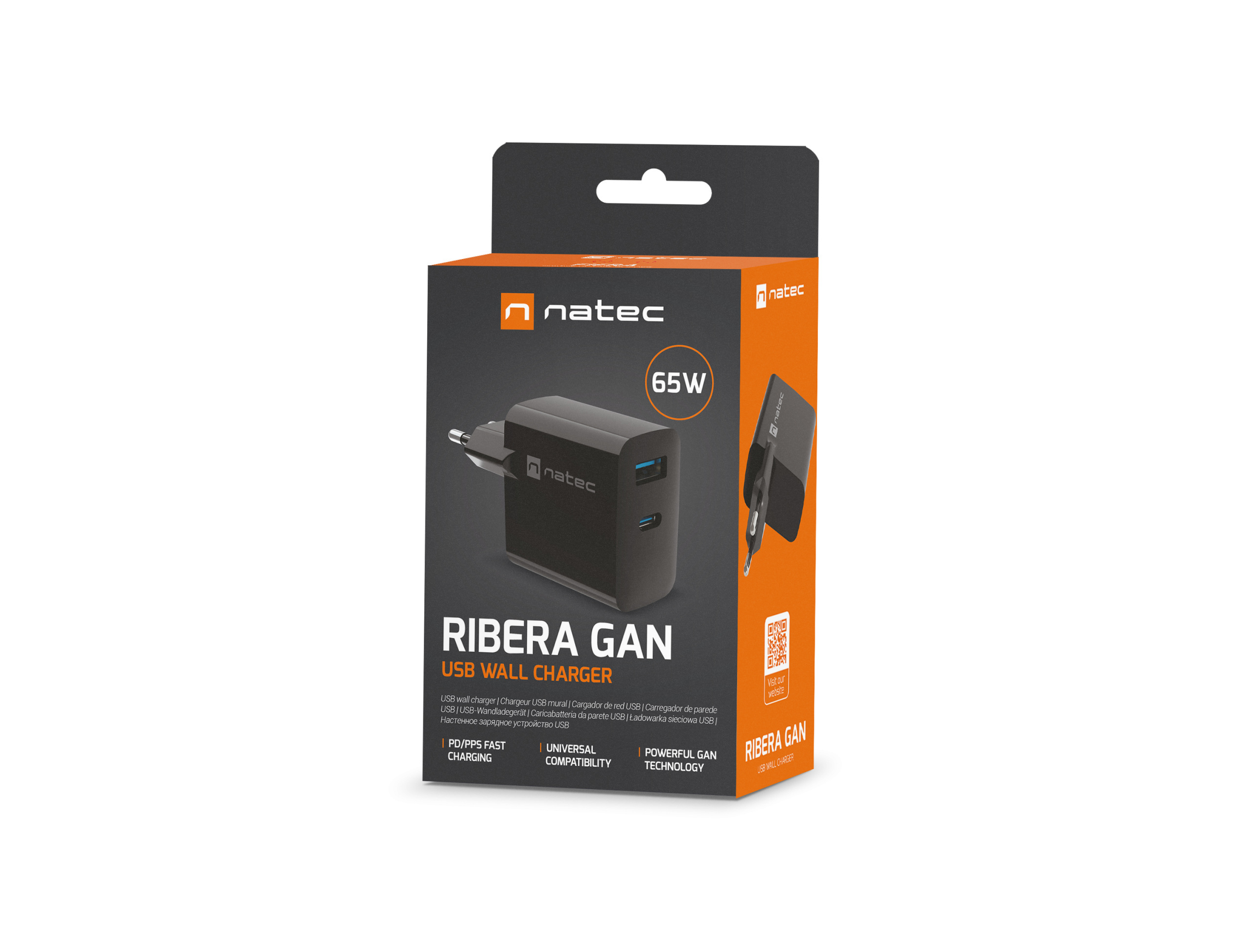 Natec Ribera GaN 1xUSB-A+1xUSB-C 65W czarna