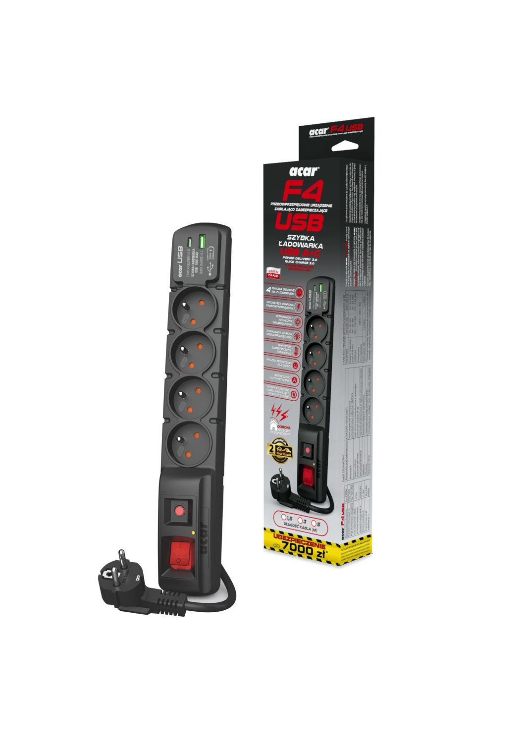 Listwa zasilająca ACAR F4 USB A+C PD3.0 1.5m