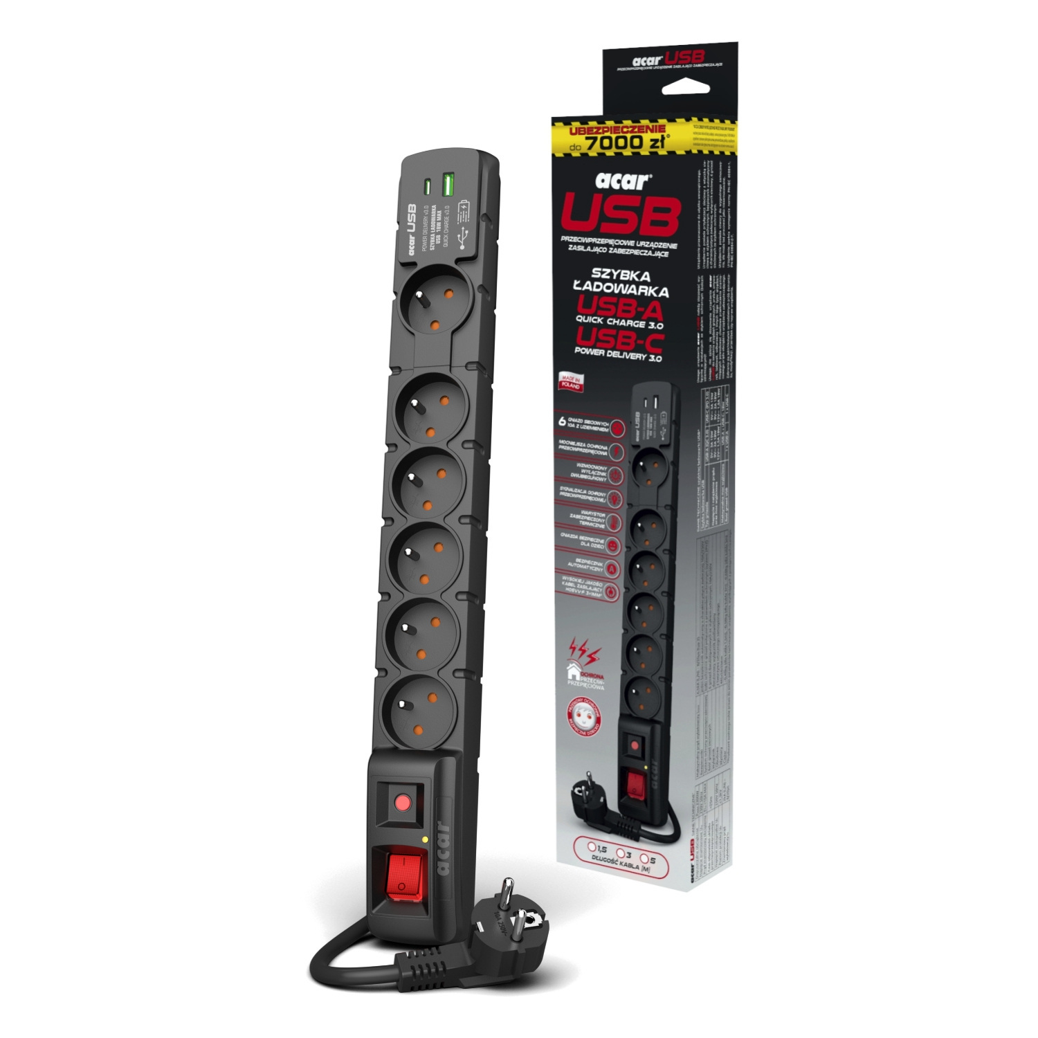 Listwa zasilająca ACAR S6 USB A+C PD 3.0 QC 6 gniazd PL 230V PL 3m czarna