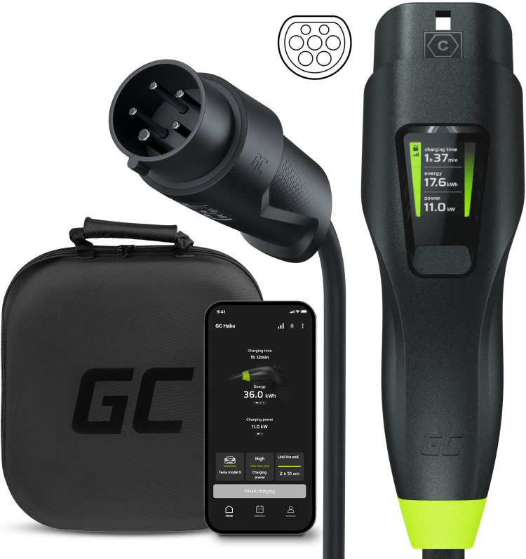 Greencell Habu Ładowarka Mobilna EV 11 kW 7 m Typ 2 CEE do Ładowania Pojazdów Elektrycznych EV PHEV 2w1 Wallbox z Aplikacją GC